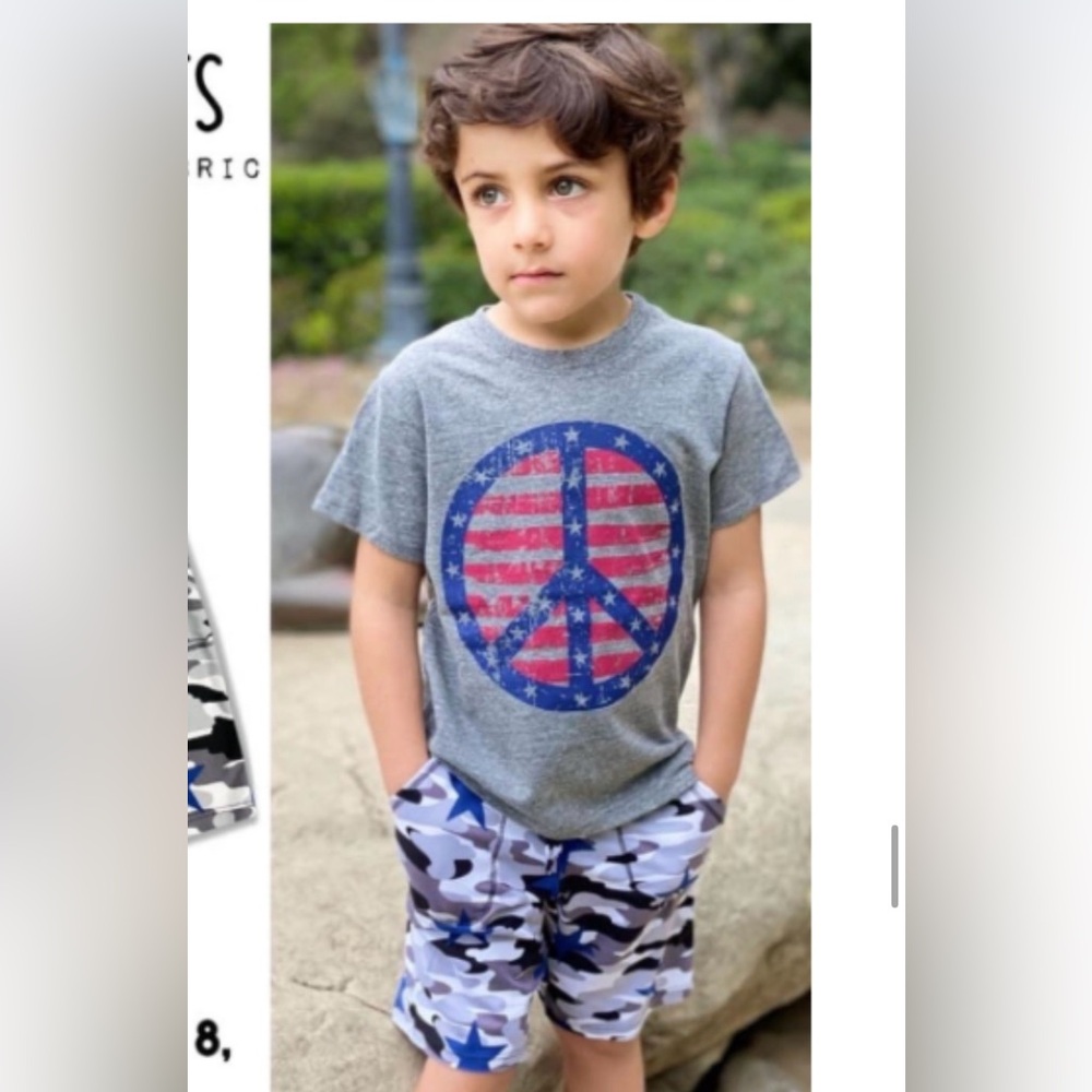 PixieLane Tri-Blend Tee with Americana Peace Sign and Camo Star Board Shorts